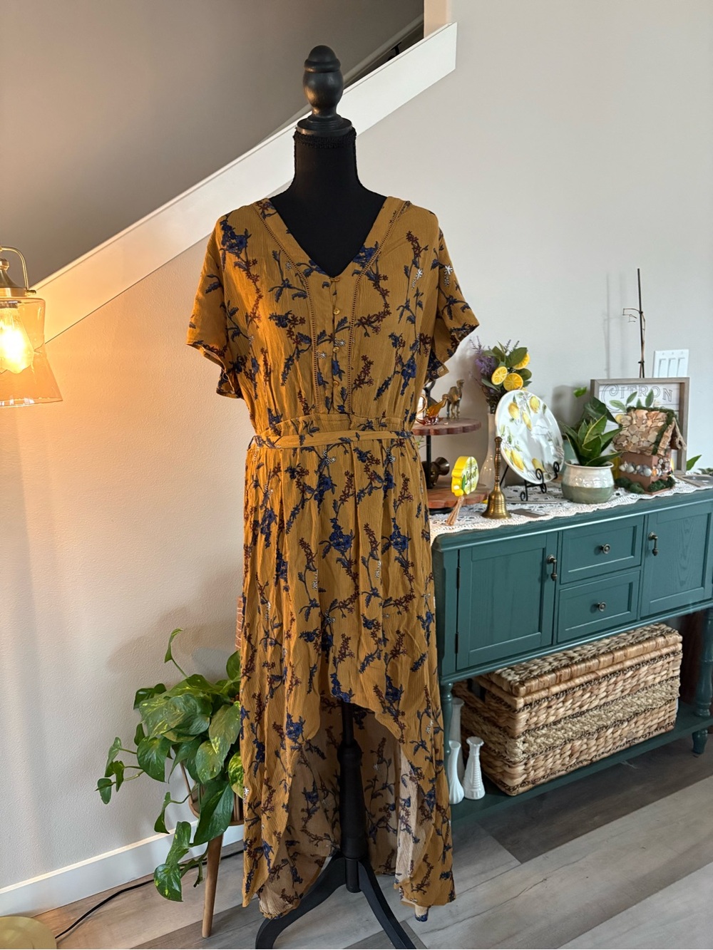 Maurices Mustard High-Low Floral V-Neck Dress with Navy Print